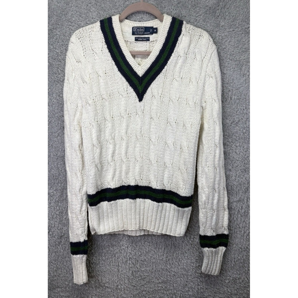 Vtg Polo Ralph Lauren Mens Cable Knit Sweater M Linen Cotton Hand Knit V Neck